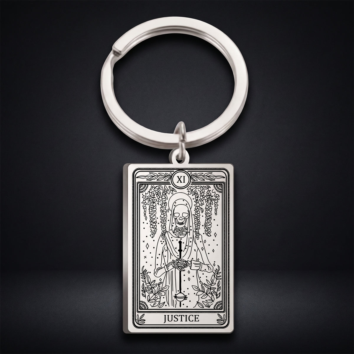 TEAMER Skeleton Tarot Cards Keychains Stainless Steel Amulet Marigold Tarot Card Major Arcana Keyring for Keys Cars Bags (Steel Color-JUSTICE)