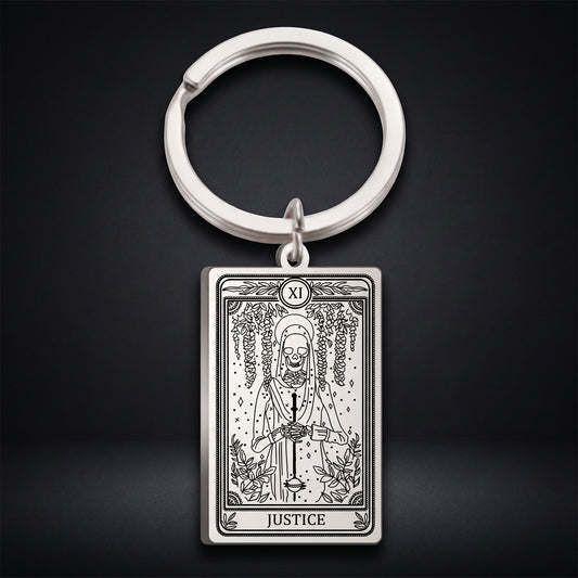 TEAMER Skeleton Tarot Cards Keychains Stainless Steel Amulet Marigold Tarot Card Major Arcana Keyring for Keys Cars Bags (Steel Color-JUSTICE)