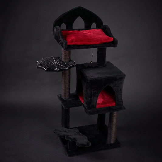 THROONI Gothic Cat Tree - 40inch Goth Cat Tree with Throne Goth Bed Spacious Condo Spooky Hanging Bat and Durable Sisal Scratching Post - Elegant Black Cat Tree for Majestic Feline Rest