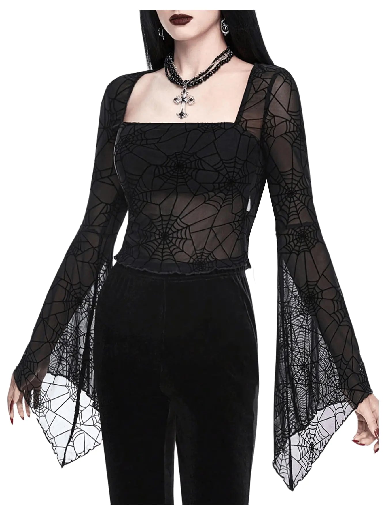 Spiderweb Mesh Bell Sleeve Top