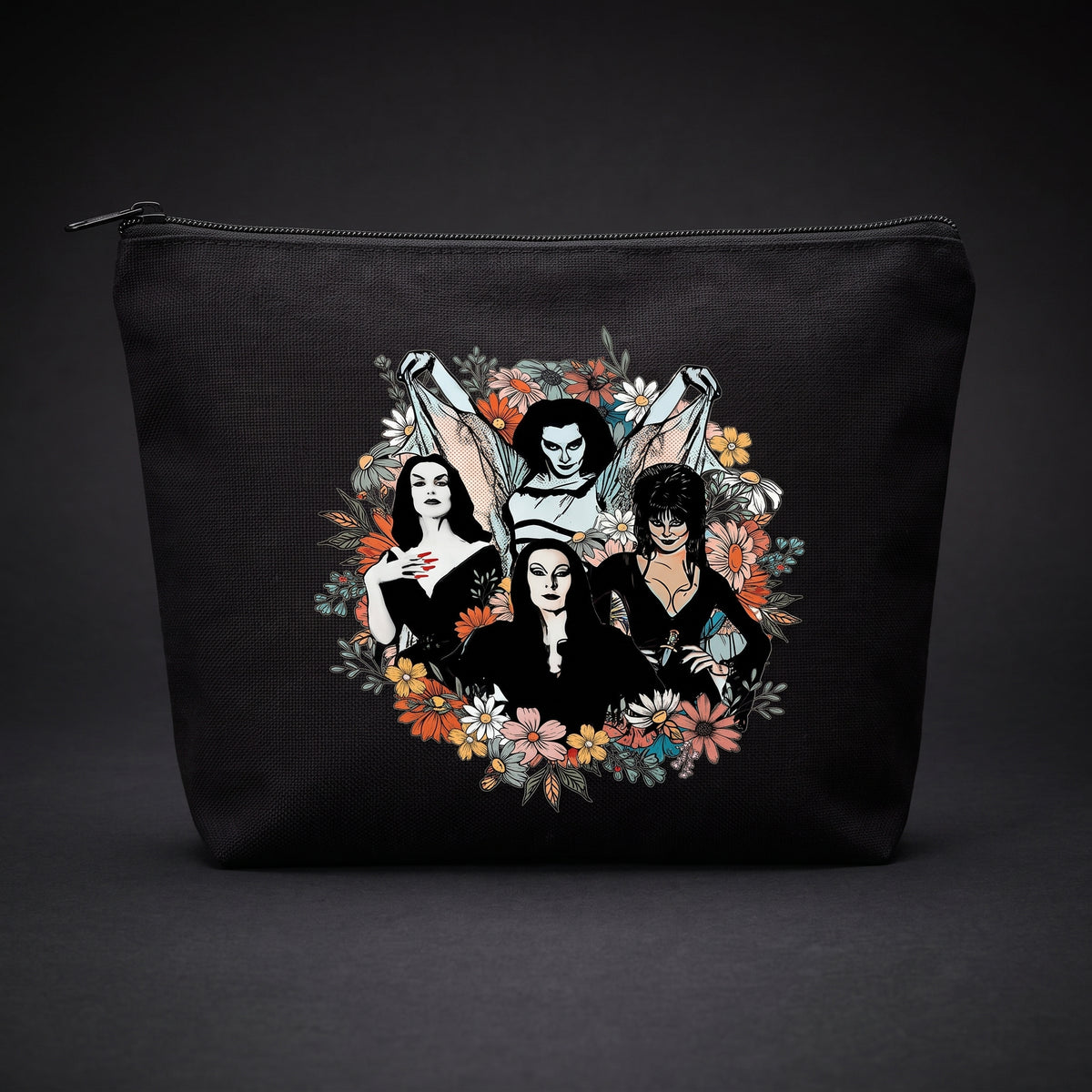 WZMPA Goth Queens With Flowers Cosmetic Bag Lily & Morticia & Vampira Fans Gifts Ghoul Gang Makeup Zipper Pouch Bag(Goth Queens With Flowers)