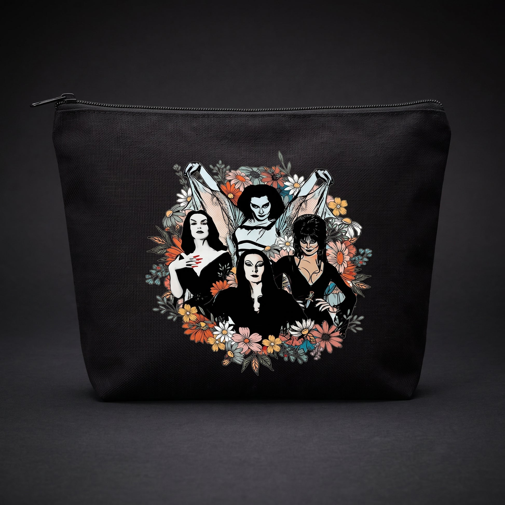 WZMPA Goth Queens With Flowers Cosmetic Bag Lily & Morticia & Vampira Fans Gifts Ghoul Gang Makeup Zipper Pouch Bag(Goth Queens With Flowers)