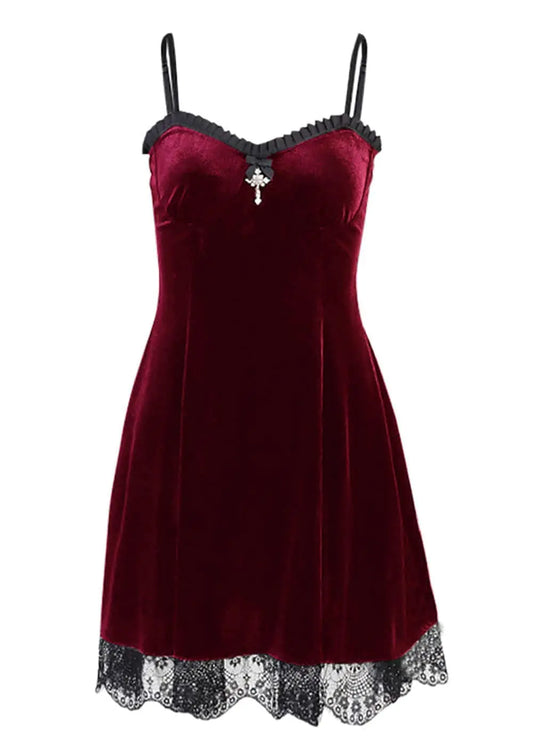 Burgundy Velvet Cross Charm Lace Hem Slip Dress