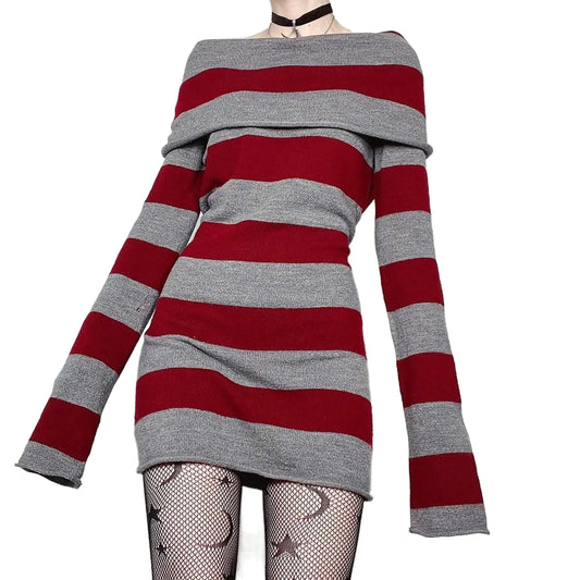 Burgundy and Gray Striped Off Shoulder Sweater Dress